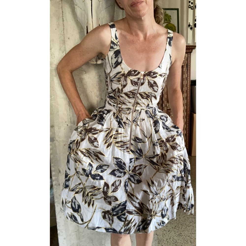 J Crew Gold Foil Leaf Flare Linen Zip Front Dress